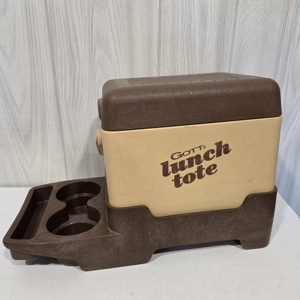Vtg Gott Tote 6 Cooler Console Arm Rest With Brown Cup Holder Lunch Box